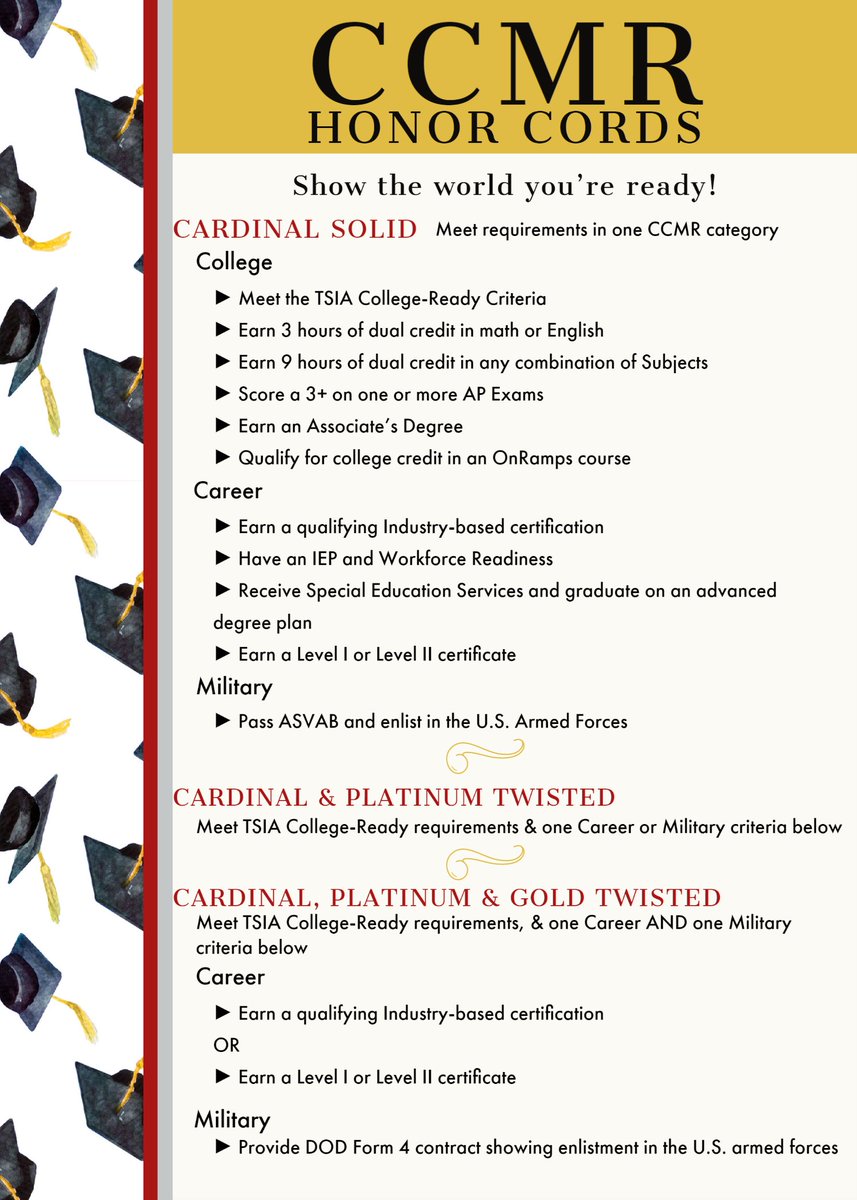 Everyone can walk across the stage at graduation with a CCMR Honor Cord. Check out the flyer below to see how you can qualify.