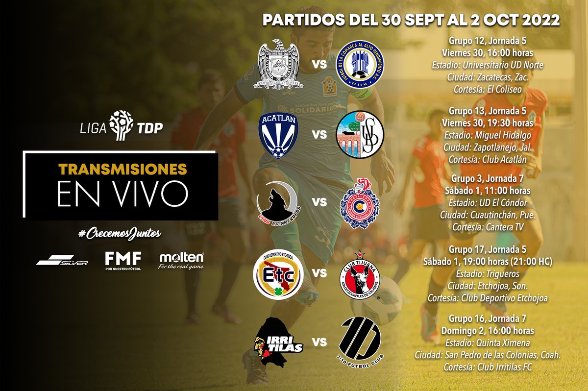 LA CARTELERA DE LA LIGA TDP 📺

Jornada que despide septiembre 🇲🇽 e inicia octubre 🎀, que incluye grandes y emocionantes partidos ⚽️

Y para este fin de semana, tendremos a través de nuestro Facebook las siguientes transmisiones 📹... ¡Estarán de lujo! 

#CrecemosJuntos