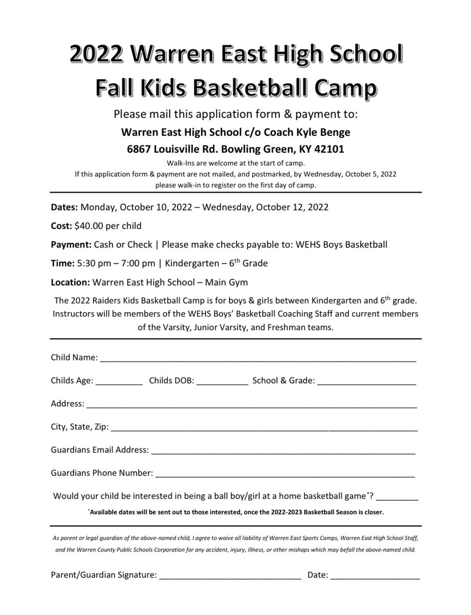 🚨MARK YOUR CALENDARS🚨 The 2022 WEHS Boys Basketball Fall Kids Camp will take place Oct 10th - Oct 12th! Camp is open to both boys & girls between Kindergarten & 6th Grade! If you have any questions, please contact Coach Benge! #WEHSBoysBasketball #WEbeforeMe #FallKidsCamp