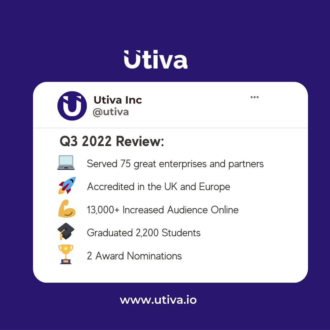 utiva_io's tweet photo. 2022 has been an interesting year for us at Utiva!!!  

We are excited to share 𝗼𝘂𝗿 𝗤𝟯 𝟮𝟬𝟮𝟮 𝗿𝗲𝘀𝘂𝗹𝘁𝘀! 🚀 

We hope you share in our excitement as we head for even greater heights!! 🥳💪

#Utiva #Q3Milestones #TeamUtiva #UtivaIn2022 https://t.co/0mR49OTUbx