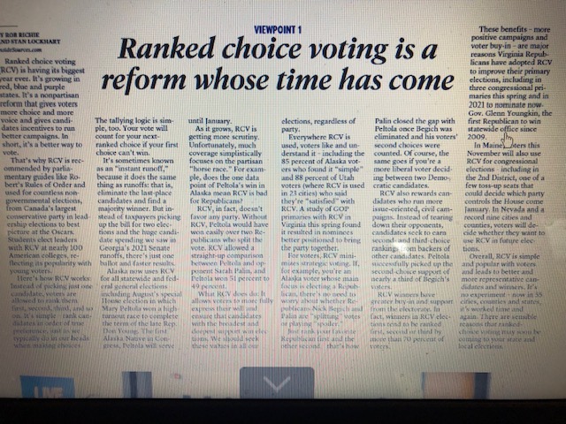 EisenhauerClin2's tweet photo. From this morning's State newspaper. RCV offers SC voters majority winners, fairer representation, better candidates and more civil discourse focusing on issues instead of mudslinging. Come on, SC legislature, why are incumbents afraid of it? #SC_FWD #BBSC #FairVotes https://t.co/WhWcYNfTsw