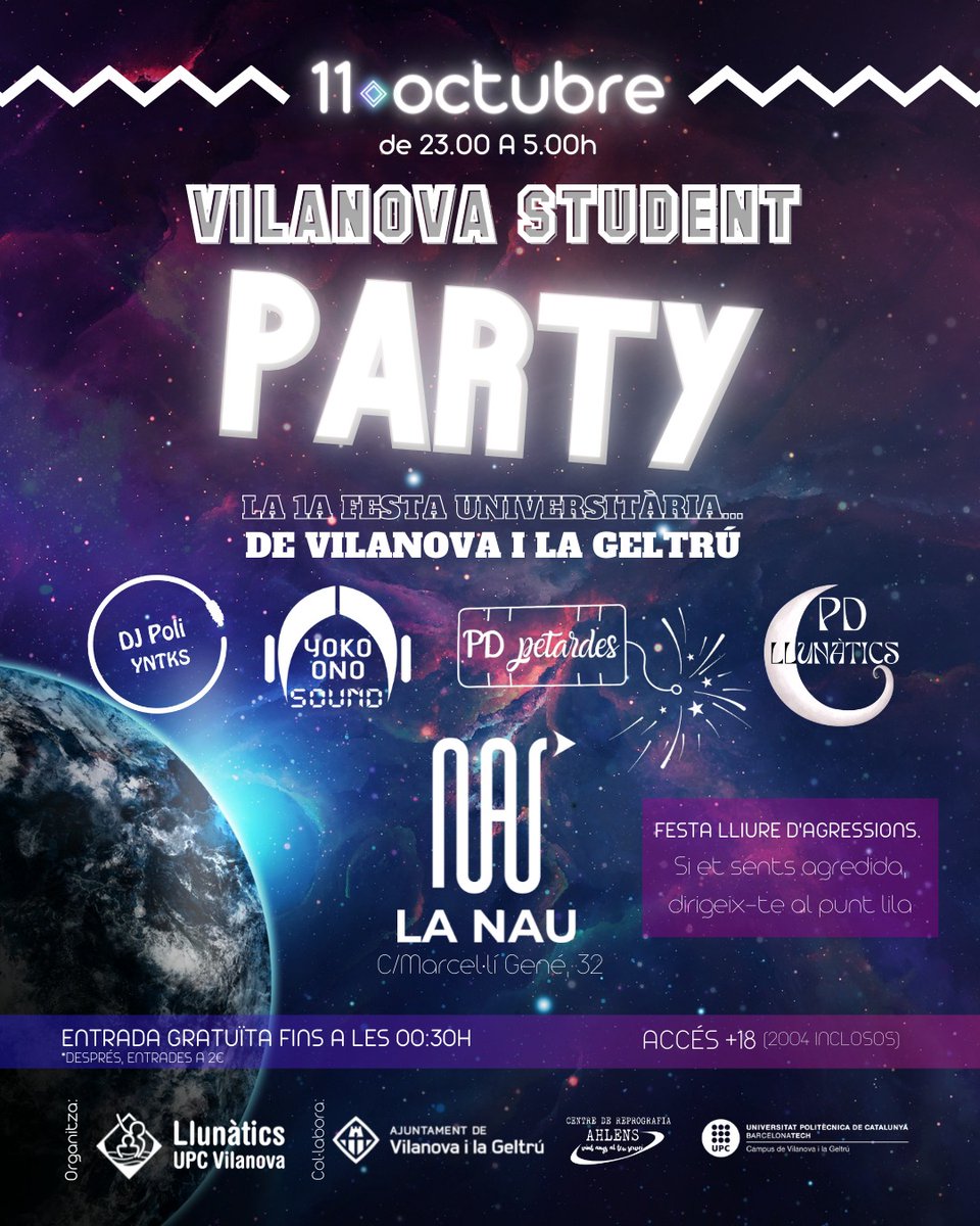LlunaticsUPC's tweet photo. 🪩 VILANOVA STUDENT PARTY!
Gent de Twitter, hem preparat una festa enorme, oberta a tothom i gratuïta pel dimarts 11 D'OCTUBRE (vigília de festiu 😜)
👉A Vilanova i la Geltrú!✨

Ho farem enorme, no hi falteu! 🤩
#VilanovailaGeltrú #castellers  #llunaticsUPC #festa https://t.co/nbIwRN1Ckv