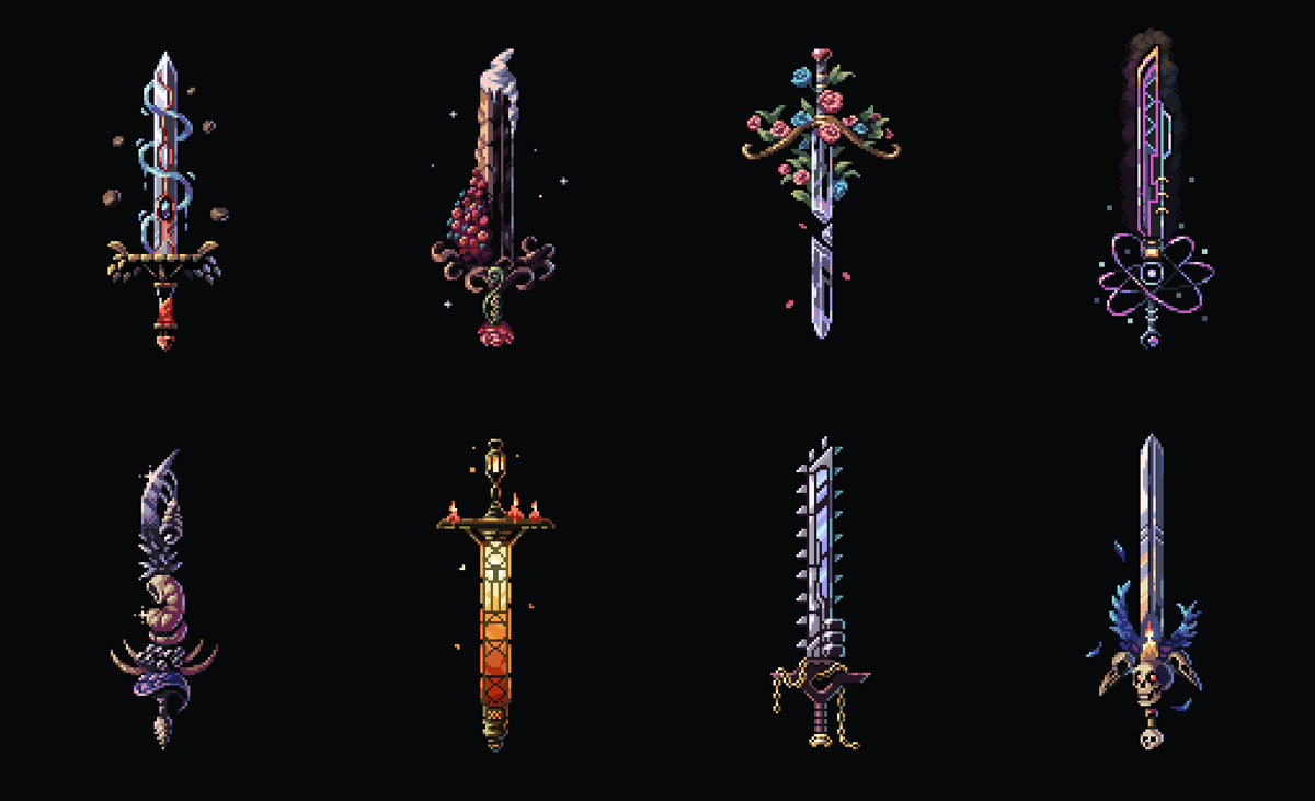 PixelArtJourney's tweet photo. Swordtember is coming to an end. Here's all swords I did! Any favourites?  #pixelart 

#swordtember #swordtember2022 https://t.co/WZn0es0LeN