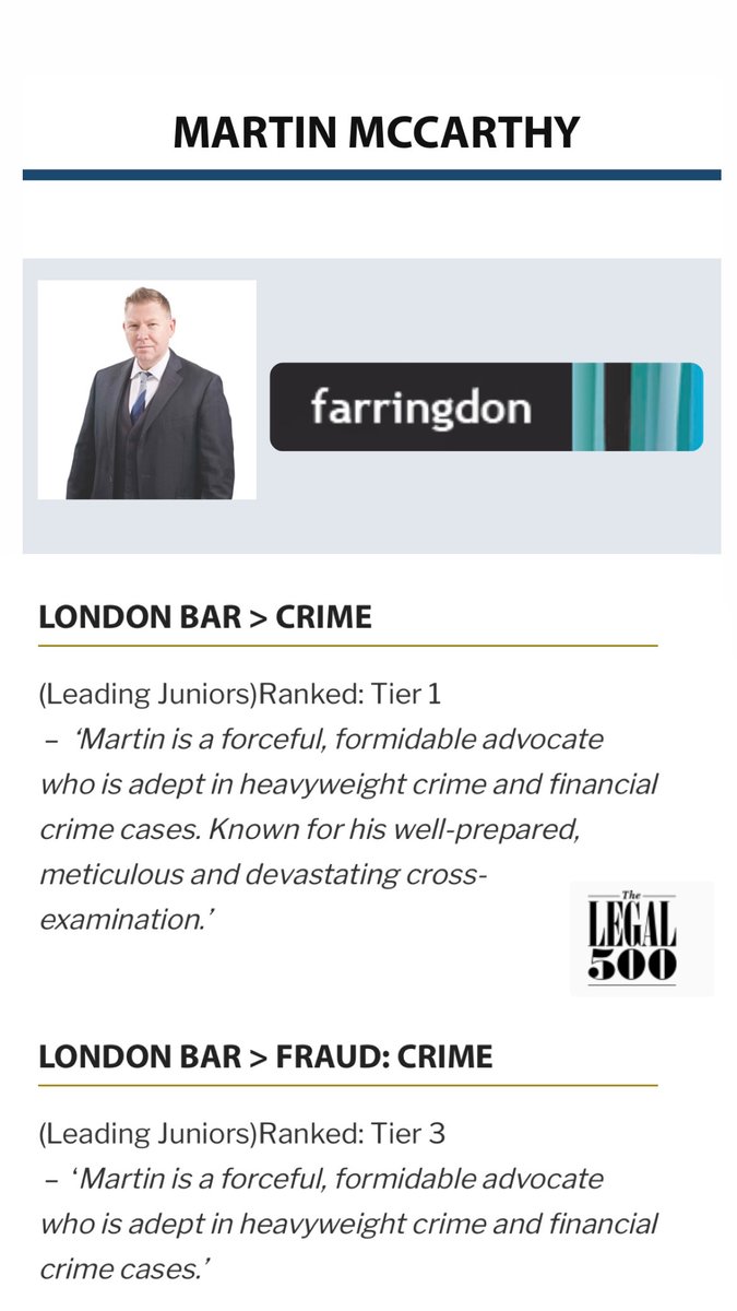 farringdonchmbs's tweet photo. Congratulations to @martinrmccarthy for being ranked in the Legal 500 edn. 2023 in the crime and fraud sections. https://t.co/5VLQW2od1F