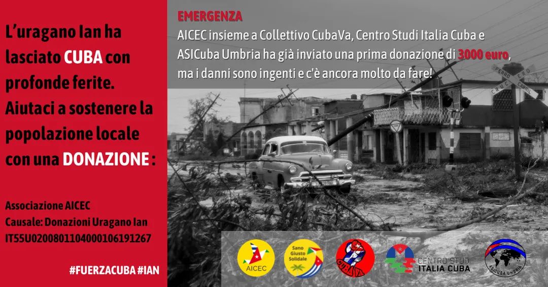 CubaAicec's tweet photo. Aicec insieme a @GiustoSano, @CollCUBA_VA, @StudiCuba e @AsicubaU ha già inviato una prima donazione di 3000 euro.
Puoi aiutarci con una donazione tramite bonifico ordinario a:
#FuerzaCuba
#Ian

Associazione AICEC
Causale: Donazioni Uragano Ian
IBAN: IT55U0200801104000106191267 https://t.co/BczC7ilKFq