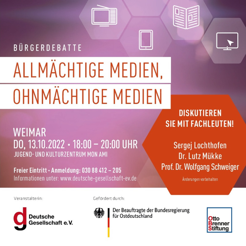 DtGesellschaft's tweet photo. Diskussion mit @schneidercar u. @anne_haehnig heute verpasst? Oder Lust, weiter zu diskutieren? Unser Tipp: Bürgerdebatte, 13.10., 18 Uhr, #Weimar. Gäste: Sergej Lochthofen, Dr. Lutz Mükke u. @ProfSchweiger. Moderation: @jana_klaro. Grußwort: @j_emes. #zusammenwachsen22 #tde2022