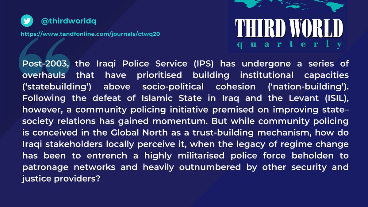 thirdworldq (@thirdworldq) on Twitter photo "Locating the local police in Iraq’s security arena:
community policing, the ‘three Ps’ and trust in
Ninawa Province"
By Jessica Watkins, Abdulkareem al-Jerba & Mahdi al-Delaimi
tandfonline.com/doi/full/10.10…
<a href="/jesterwatkins/">Jessica Watkins</a>
#Iraq #Policing "Locating the local police in Iraq’s security arena:
community policing, the ‘three Ps’ and trust in
Ninawa Province"
By Jessica Watkins, Abdulkareem al-Jerba & Mahdi al-Delaimi
tandfonline.com/doi/full/10.10…
<a href="/jesterwatkins/">Jessica Watkins</a>
#Iraq #Policing