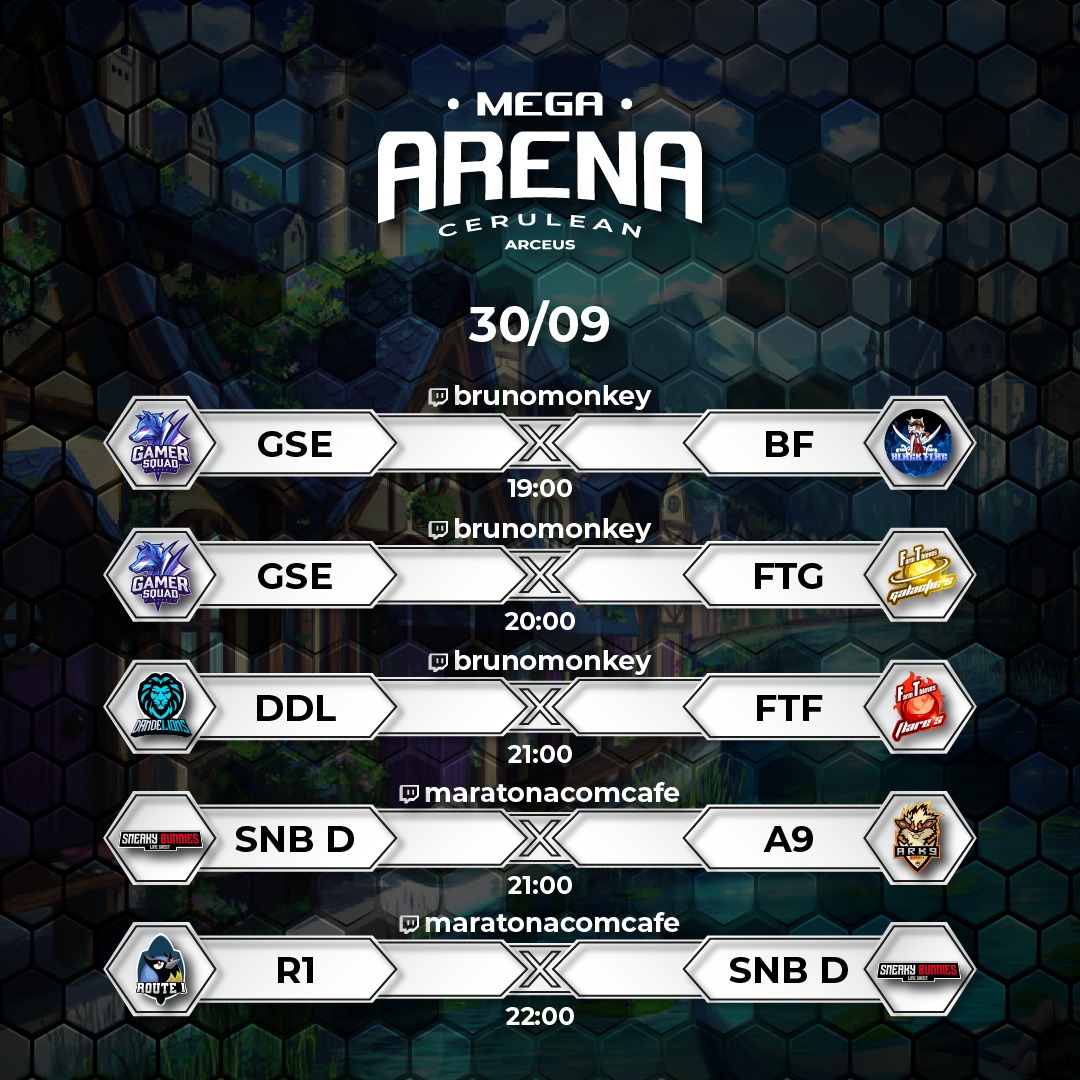 xmgaesports's tweet photo. 📢 Cronograma de hoje na Mega Arena!

⏰19:00 @GamerSquadBRL ⚔️ Black Flag
⏰20:00 GSE ⚔️ @Farm_Thieves (Galactic's)
⏰21:00 @DDLionsGaming ⚔️ FT Flare's
🎥https://t.co/yTSgYBGgmv

⏰21:00 SNB Dragon ⚔️ @Ark9Unite 
⏰22:00 @RouteOneUnite ⚔️ SNB Dragon
🎥https://t.co/PgiP3QQEMD https://t.co/8txSv5XWyP