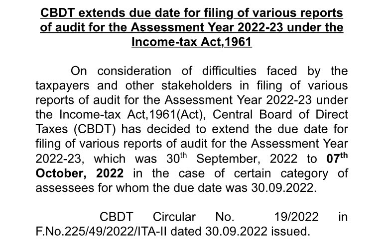 CBDT extends due date for filing of various reports of audit for the Assessment Year 2022-23 under the Income-tax Act,1961
 #extend_due_date 
#taxaudit 
@CNBC_Awaaz 
@gauri_chadha
