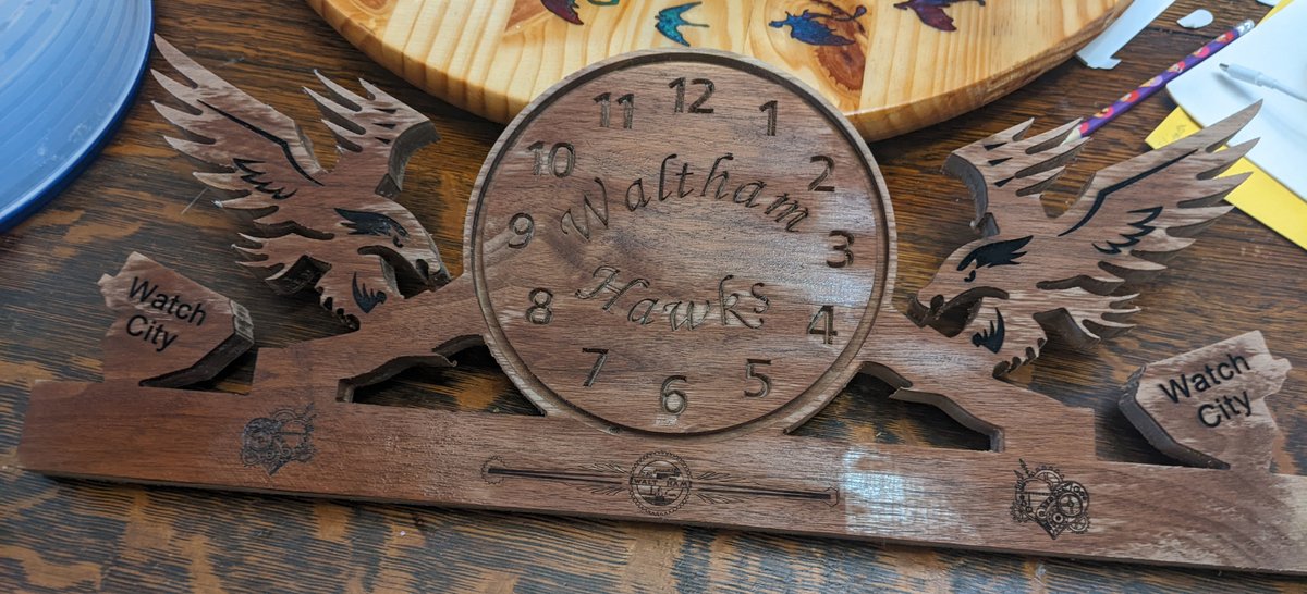 Slowly working on the next charity clock for <a href="/WalthamSchools/">WalthamPublicSchools</a> theater fundraiser.  Color to add, wiring and lights, etc... maybe more engraving.  #Waltham #woodworking #laser #CNC #making .... work on it when I need to think about grant writing....