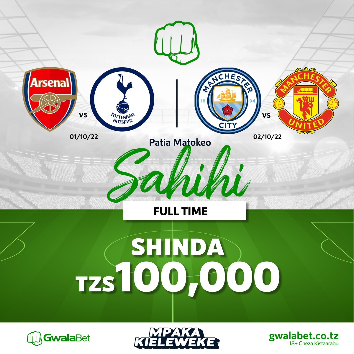 GwalaBet's tweet photo. Mwanetu uskae kinyonge, Week end ya #LondonDerby na #ManchesterDerby pale #EPL. 

Sasa changamka, Wa kwanza kupatia Matokeo Sahihi ya Game zote Mbili anatamba na Mtonyo wake wa Tzs 100,000/=...

QUOTE hii Tweet na weka Majibu sahihi.

#MpakaKieleweke #BetBure #GwalaBet https://t.co/T3Skkm6b7e