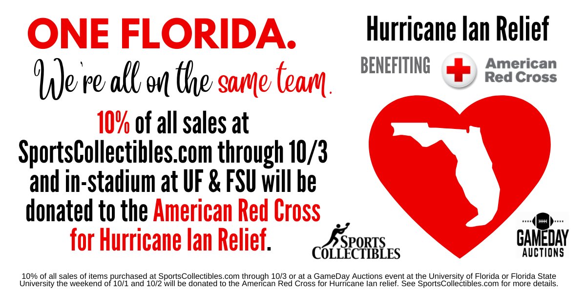 SpCollectibles's tweet photo. https://t.co/x9ZePzM1zq is based in Tampa, FL, &amp; our hearts go out to all affected by #HurricaneIan. Now thru 10/3, 10% of all web sales &amp; GameDay Auctions purchases this weekend @ FSU &amp; UF will be donated to Hurricane Ian relief efforts by the @RedCross ❤️#OneFlorida #SameTeam https://t.co/wLmmEO0XUc