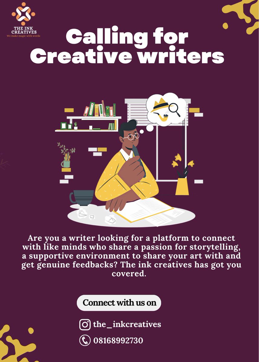 Ink_creatives's tweet photo. Are you a writer looking for a platform to connect with like minds who share a passion for storytelling, a supportive environment to share your art with and get genuine feedbacks? 
The ink creatives has got you covered.  

Click on the link to join us
👇
https://t.co/49IwnbD4m7 https://t.co/VIma2ZzzC4