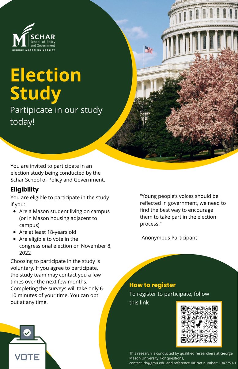 Jennifer N. Victor @jenvictor.bsky.social (@jennifernvictor) on Twitter photo Hey <a href="/GeorgeMasonU/">George Mason University</a>! Do you live on campus, and are you at least 18yo? Register TODAY to join the <a href="/ScharSchool/">Schar School</a> 2022 Election Study!! Do it for SCIENCE!
<a href="/MasonULife/">Mason ULife</a> <a href="/MasonHousing/">Mason Housing</a> <a href="/Mason_UEd/">Undergrad Ed @ Mason</a>
forms.gle/Q2C3F8qbsfVmQz… Hey <a href="/GeorgeMasonU/">George Mason University</a>! Do you live on campus, and are you at least 18yo? Register TODAY to join the <a href="/ScharSchool/">Schar School</a> 2022 Election Study!! Do it for SCIENCE!
<a href="/MasonULife/">Mason ULife</a> <a href="/MasonHousing/">Mason Housing</a> <a href="/Mason_UEd/">Undergrad Ed @ Mason</a>
forms.gle/Q2C3F8qbsfVmQz…