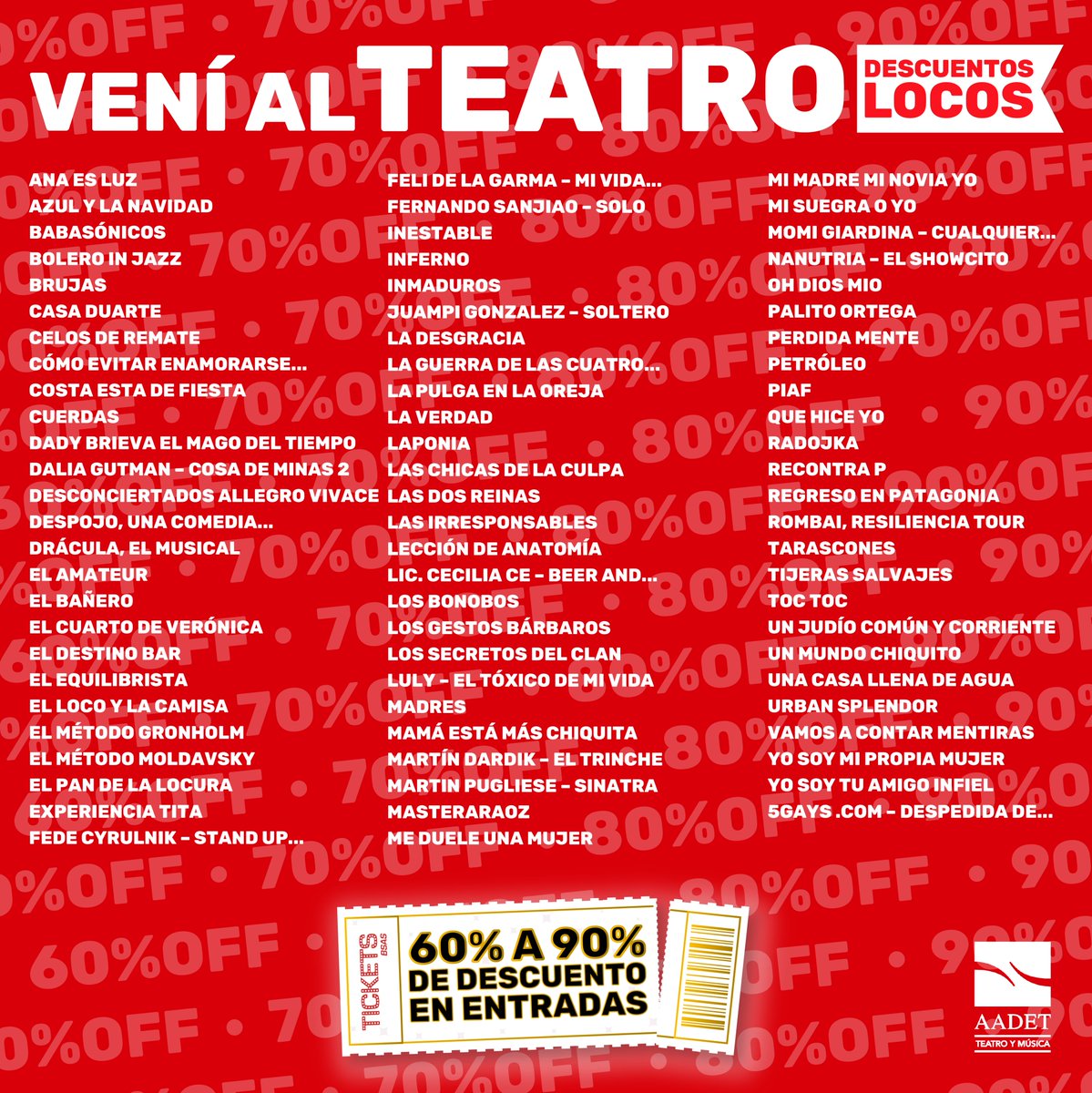 📢 Los principales títulos de la cartelera son parte de #VENIALTEATRO 🎭🎵 Podés elegir entre 80 espectáculos para disfrutar con descuentos locos del 60% al 90%. 👉🏻 Enterate los detalles en: venialteatro.org