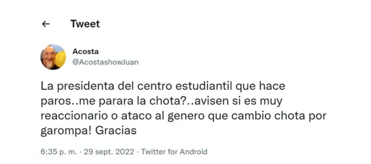 apache100x100's tweet photo. Esto es #DiscursodeOdio
 @AcostashowJuan violento de género, psicópata, acosador sexual. Un tipo peligroso. Todos aditamentos de: socialmente dañino. ¿Ya está preso? 
#macrismo #violencia #Fascismo #Argentina #Bulrrich #LarretaRepresor https://t.co/bMl13kox0s
