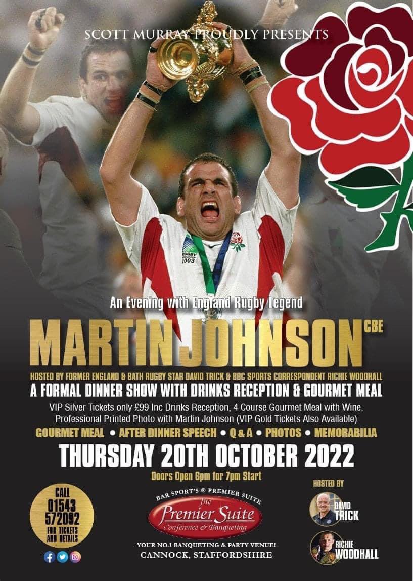 🏉 Rugby Fans Join us for an Evening with England Rugby Legend Martin Johnson @ThePremierSuite on Thursday 20th Oct A formal Sporting Dinner Show hosted by fmr England & Bath Rugby Star DavidTrick & BBC Sports Correspondent @richiewoodhall Book Here: ticketpanda.io/event/an-eveni…
