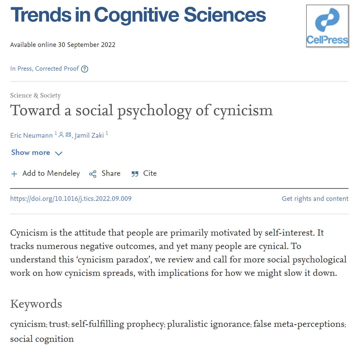 My new paper with @zakijam is now officially published online @TrendsCognSci! Being cynical is painful, and yet many people are cynical. We argue social psychology can explain why: it is easy to get stuck in a cynical mindset. 50 days free full access: authors.elsevier.com/a/1fqwL4sIRvLY…
