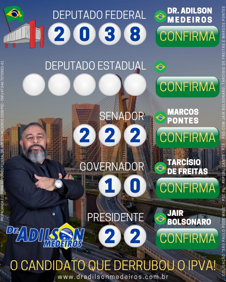 DrAdilsonSP's tweet photo. ✅“Em outubro, vote certo. Para deputado federal, voto Dr. Adilson Medeiros - 2038.”

Acesse meu site: https://t.co/yRQn9JVd0O 

Acompanhe a minha página no Facebook: https://t.co/mcaWF563qL

"O candidato que derrubou o IPVA".

#DerrubouIPVA #IPVA #ipva2022 #detran #detransp https://t.co/aBHvDsoDws