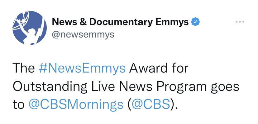 AlexisMBravo's tweet photo. I am so grateful to share that the amazing team at @CBSMornings and I have won the Emmy for Outstanding Live Program!! To have worked alongside EP Shawna, Gayle, Tony, and Nate, and the rest of the team for this very special show is a dream I'll forever cherish. https://t.co/R3MjMkLuJV