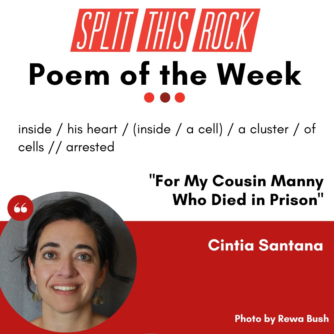 Content Notice: incarceration &amp; death

inside / his heart / (inside / a cell) / a cluster / of cells // arrested

Poem of the Week is “For My Cousin Manny Who Died in Prison" by Cintia Santana. Poem as audio &amp; text: bit.ly/3RD2Bhn 

#PoemoftheWeek #poetry #poem