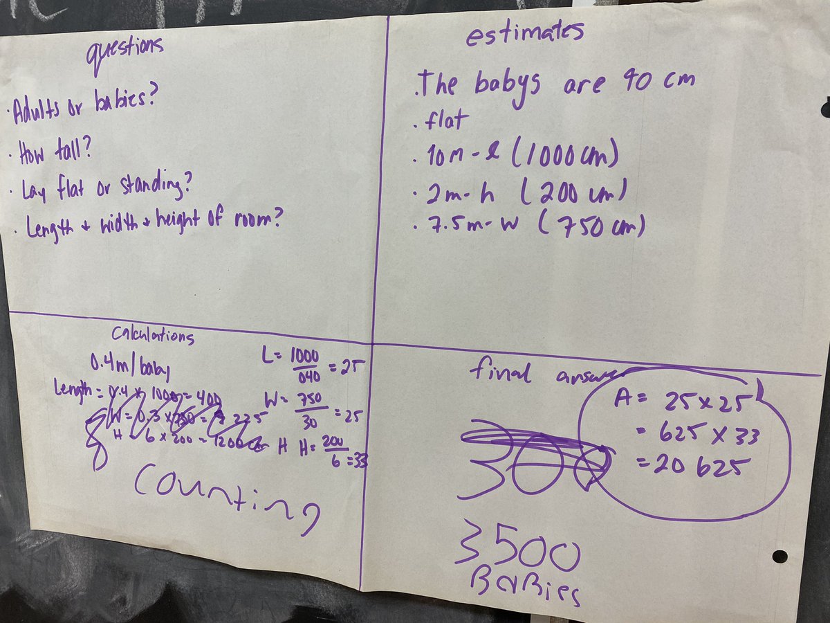 TaraMcFarling1's tweet photo. Today was our first crack at tackling a Fermi problem. I’m so impressed with the thinking and problem solving @Woodman_Wolves @GEDSB #mathtalk #justifyyourthinking https://t.co/xuUZtYxI5t