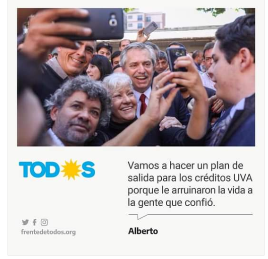 <a href="/CasaRosada/">Casa Rosada</a> <a href="/alferdez/">Alberto Fernández</a> Si, el Estado de la mano de <a href="/mauriciomacri/">Mauricio Macri</a> nos metio en esta nefasta politica publica de vivienda. Pero fue tu promesa de campaña y @FrenteDeTodos hacer un plan de salida. Reconocer lo que "penamos" no soluciona nada. Queremos pagar #HipotecasJustas. URGENTE FRENO a la #UsuraUVA!