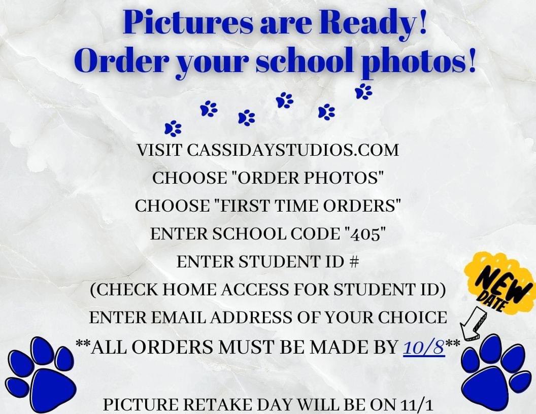 Have you viewed your child(ren)'s pictures from picture day yet??  See the attached flyer for instructions on how to view &amp; order pictures! All orders must be placed by 10/8 to be received before the holidays!!
Retakes will be held on 11/1 for those requiring!
