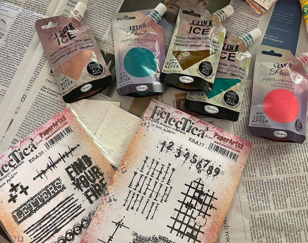 BearseKaren's tweet photo. WIP playing with @sethapter stamps &amp; @aladinecreations products. Limited colors to play with while I am visiting Mom. Humm whats next? #sethapter #sethapterstamps #paperartsy #aladine  #inkygoodness #mixedmediajournaling #artjournal #paperartsystamps #te… https://t.co/2NZTRmtaRB https://t.co/fSNhSJWG6g