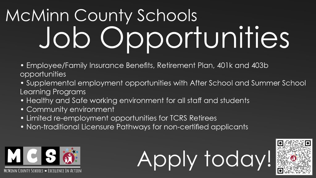 MCS has an exciting team of educators and support personnel! We are a great place to begin, grow, and establish a career serving students, families, and our community. Please visit the following link for a complete listing of employment vacancies. bit.ly/3dgrmlj