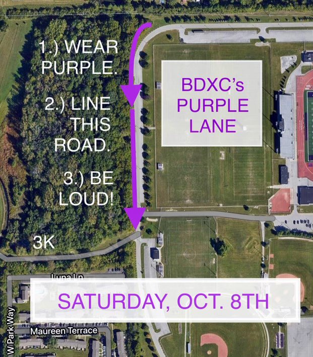 Saturday Oct. 8th IHSAA Cross Country Sectionals will be at Ben Davis High School. 

Our ladies and gentlemen need ALL of Ben Davis to show up and show out. This will be our first installment of “Purple Lane”.

Girls Race is @ 9:00
Boys Race is @ 9:45