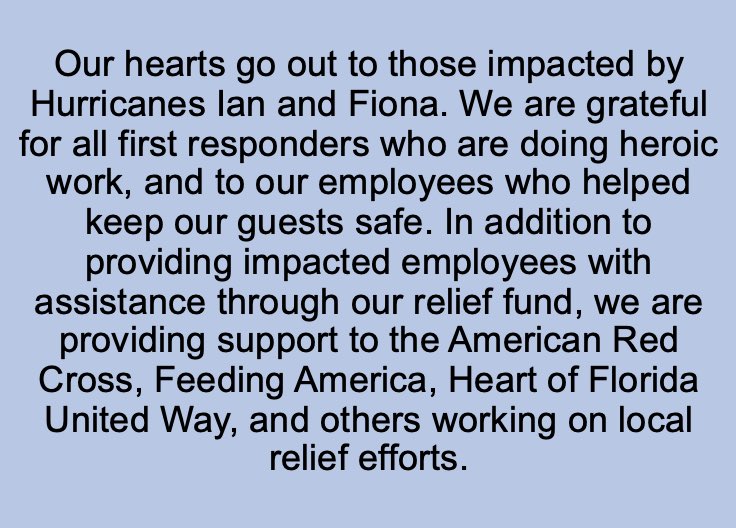 A statement from The Walt Disney Company about Hurricanes Ian and Fiona: