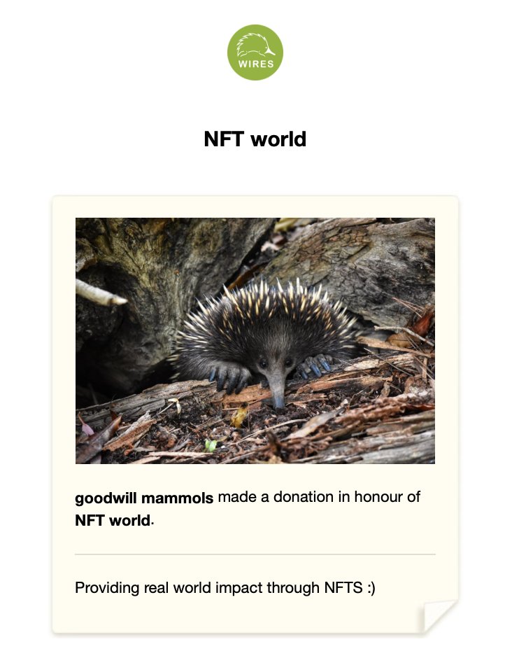 for the animols <a href="/WIRESWildlife/">WIRES</a>

#NFT #wires #charity #nftproject #donations #animals