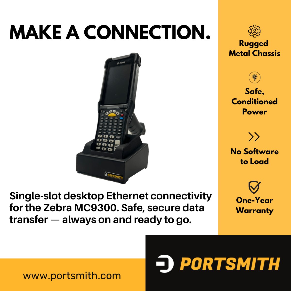 PortsmithTech's tweet image. Meet our single-slot Ethernet cradle, designed for @ZebraTechnology MC9300 handhelds. This cradle provides a wired Ethernet connection when wireless isn’t an option. It&apos;s built for rugged applications: engineered for convenience and made to last. 

More: portsmith.com/charging-docks…