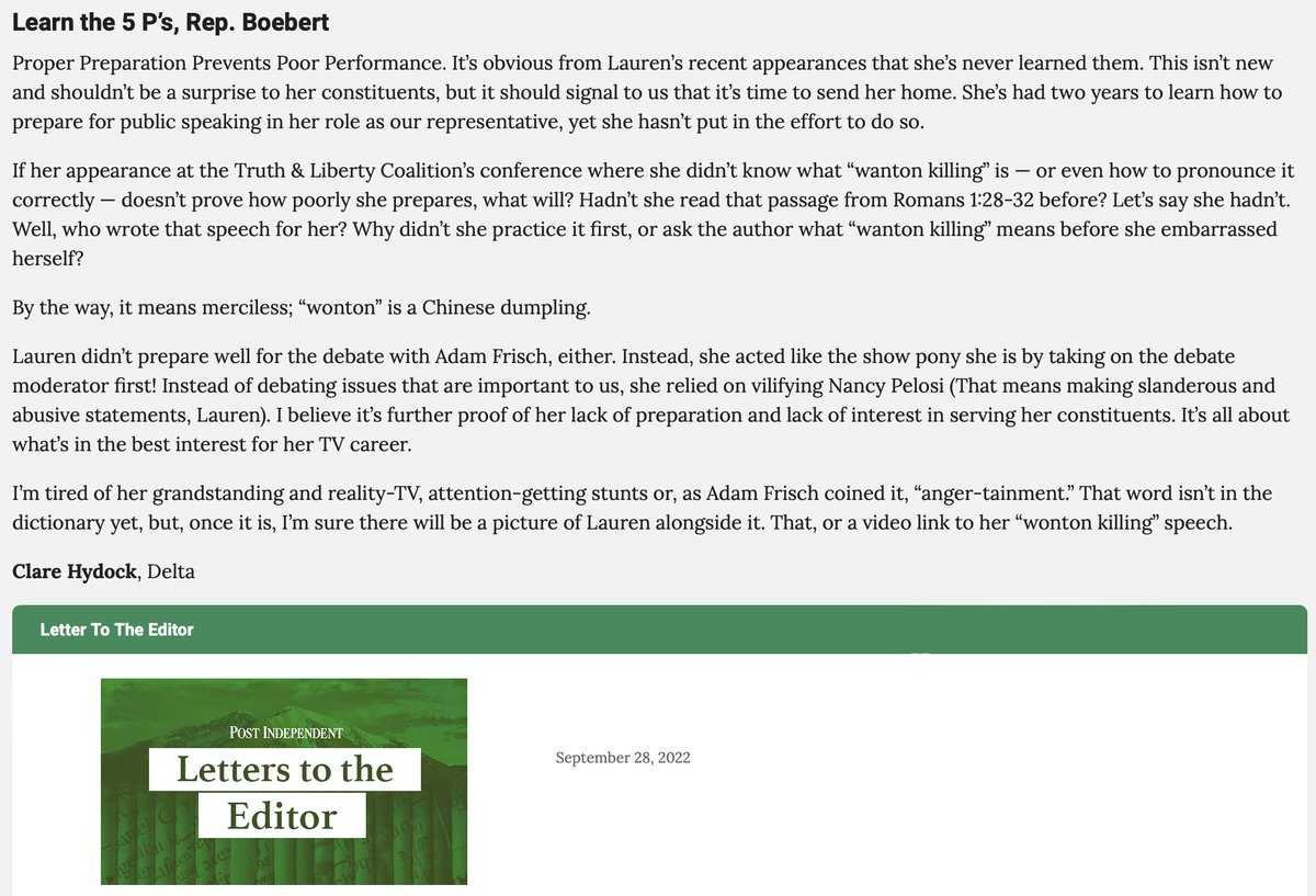 Yet another letter to the editor in a local paper. This time from Clare in Delta, CO. Thank you, Clare, for recognizing the grandstanding and self-serving actions of Lauren Boebert. She does not put the people of #CO03 first... ever.