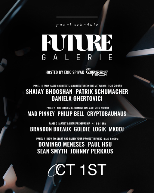 TOMORROW!

<a href="/paulhsu/">Paul Hsu</a> will be on panel at <a href="/FutureGalerie/">Future Galerie</a> with <a href="/Go_Mene/">Domingo Meneses @ M2020</a>, <a href="/emailsmyth/">sean smyth</a>, and <a href="/JohnnyPerkaus/">OJ Mayo (DevConnect)</a> to discuss #BUIDLing in #web3 🏗️🚀

Limited tickets still available here: futuregalerie.com/events/

Come see incredible art + hear from some of the most influential voices in web3