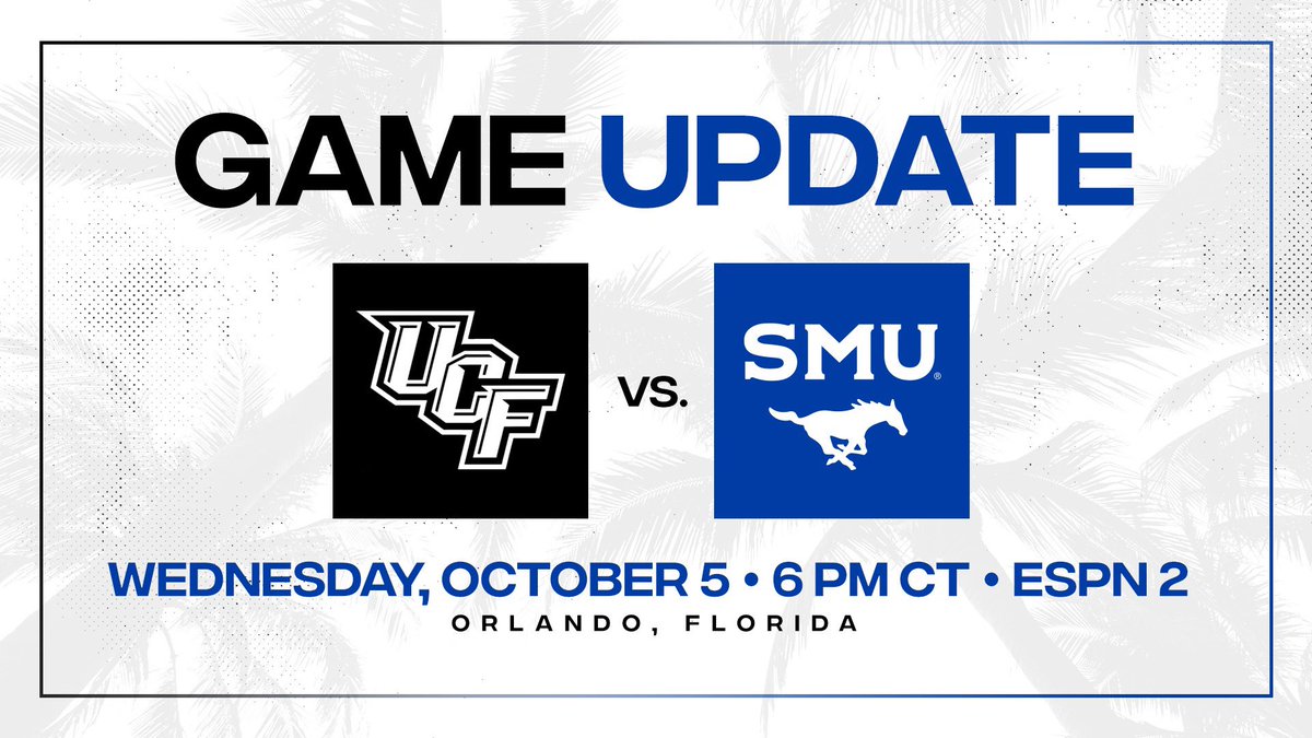 SMUFB's tweet photo. Wednesday night on the national stage!
Our game vs. @UCF_Football has been re-scheduled for Wednesday, October 5 at 6pm CT, on ESPN 2. https://t.co/lNjKm3C1a6