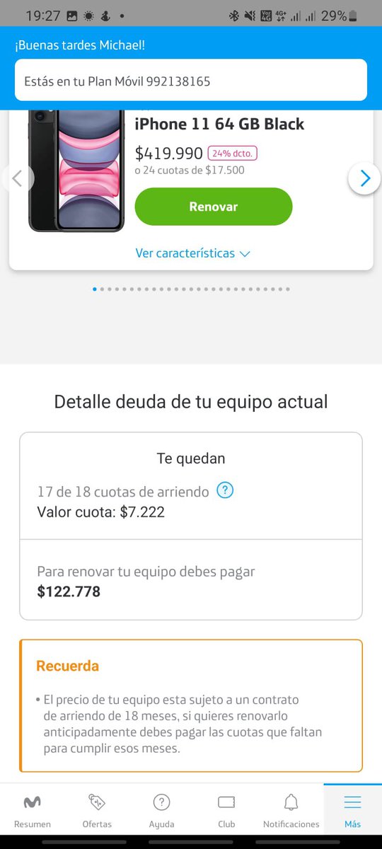 jerezdro's tweet photo. @AyudaMovistarCL me pueden explicar esto? Si pague los 749 con cargo en mi tarjeta de crédito y ahora me aparece que tengo cuotas de arrendamiento y en ningún lugar aparece eso en la promoción… si no para devolver el equipo https://t.co/893787U3vV