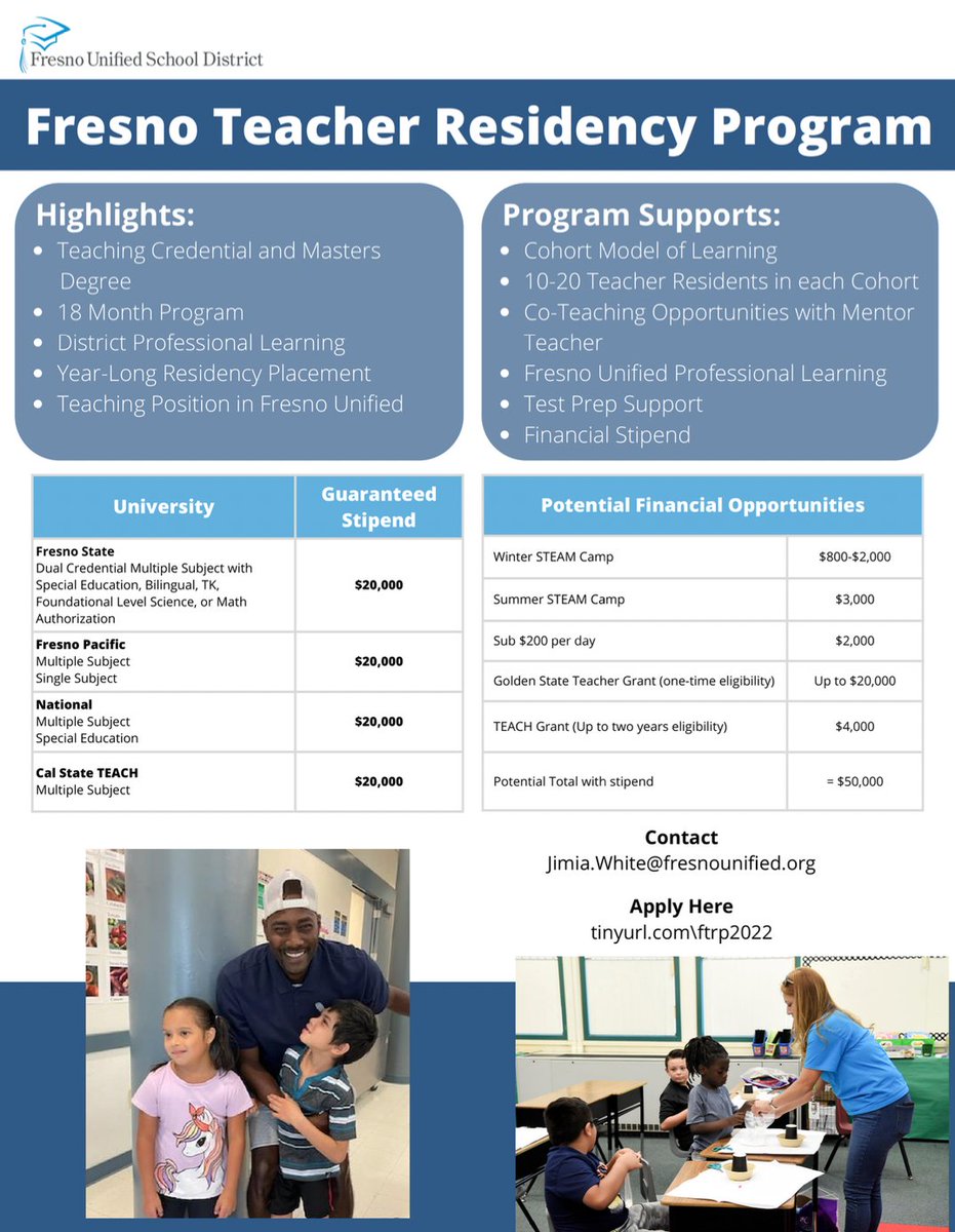 Interested in Teaching?  We have the program for you! Apply at tinyurl.com/ftrp2022 
 #StepUpTeachFresno  
<a href="/FresnoKremenEdu/">Kremen School of Education and Human Development</a> <a href="/fpu/">Fresno Pacific University</a> <a href="/CalStateTEACH/">CalStateTEACH</a> <a href="/fresnounified/">Fresno Unified</a> <a href="/NatUniv/">National University</a> <a href="/teresa_myoung/">Teresa Morales Young</a>