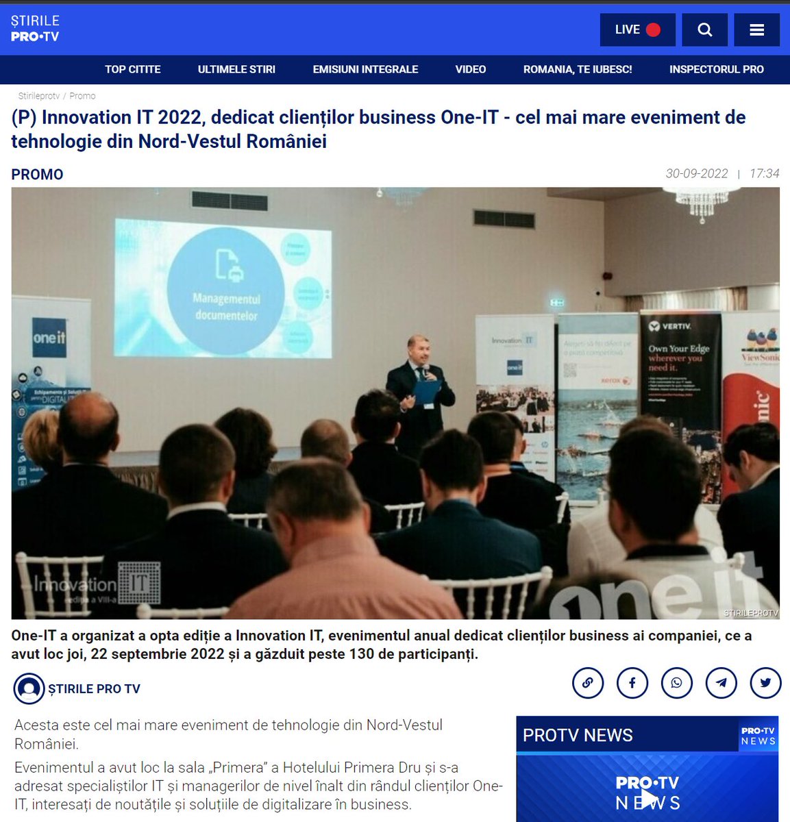 OneITro's tweet photo. One-IT și #InnovationIT2022 pe site-ul Pro-TV
...despre evenimentul Innovation IT 2022, dedicat clienților business One-IT - cel mai mare eveniment de tehnologie din Nord-Vestul României! 🚀🚀🚀
- with: @nicuontiu
#ProTV #StirileProTV #InnovationIT #OneIT #OneITteam https://t.co/GfEe6mlVxb