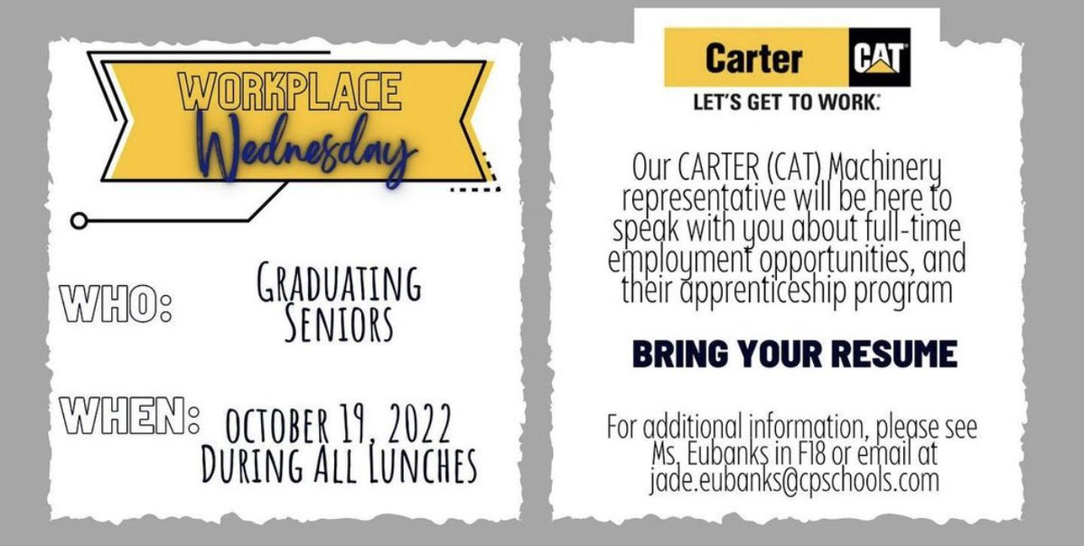 Chesapeake_CTE's tweet photo. Workplace Wednesday coming to @WBHS_Bruins on October 19! #CTE #WBL #CarterMachinery https://t.co/OKPjtjv9W4