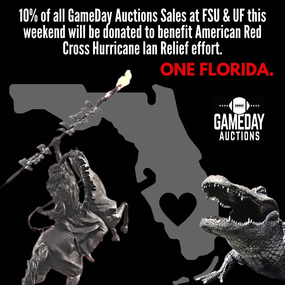 SpCollectibles's tweet photo. Our GameDay Auctions will be @ FSU this Sat &amp; UF this Sun for the @FSUFootball &amp; @gatorsfb Games. We'll be donating 10% of all auction sales to the @RedCross  #HurricaneIan Relief Effort. We are all #ONEFLORIDA.  See you at the game! #GoNoles #GoGators #GameDayAuctions https://t.co/huFektXEzC