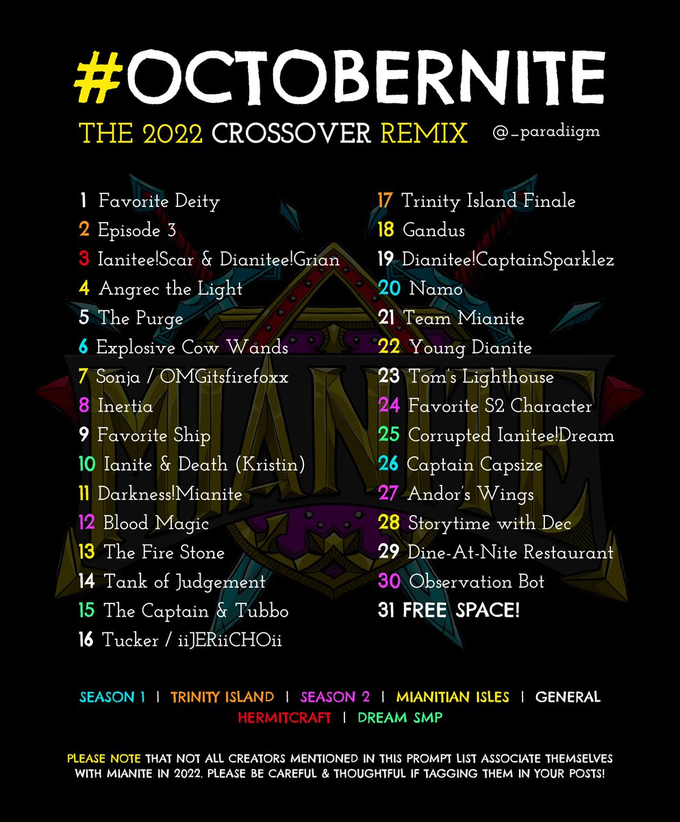 _paradiigm's tweet photo. HI #Mianite FANS I was rushing to find a prompt list for #inktober2022 so I figured I would bring back my #Octobernite list from back in 2020... WITH NEW FUN UPDATES!!
Use the #Octobernite hashtag if y'all participate this year + feel free to repost!!
Have fun!! #mianitefa https://t.co/jF8lPijuMJ