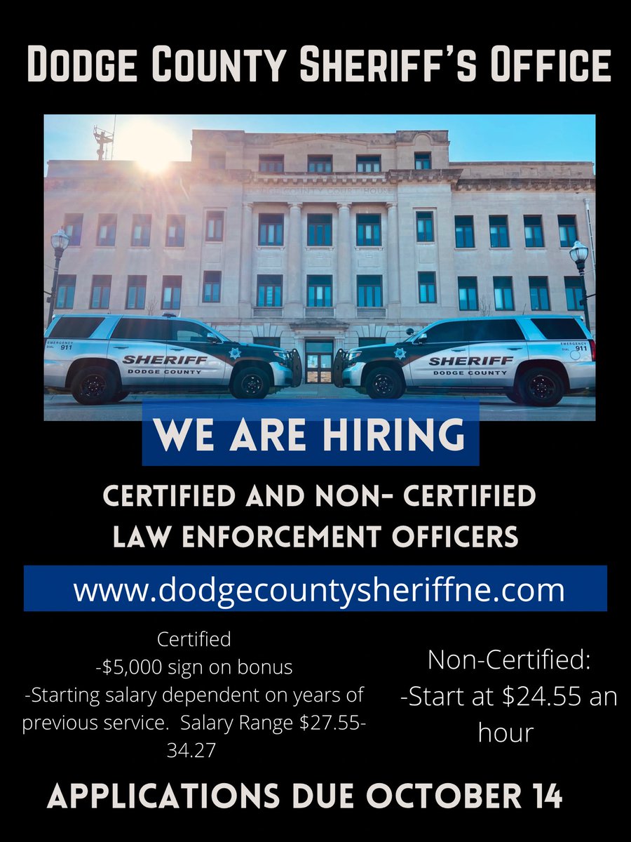 DEADLINE EXTENDED!!! 

We are continuing to accept applications until October 14th, if you missed the deadline, here is your chance to make a difference in Dodge County.  Apply Today!!! 

dodgecountysheriffne.com