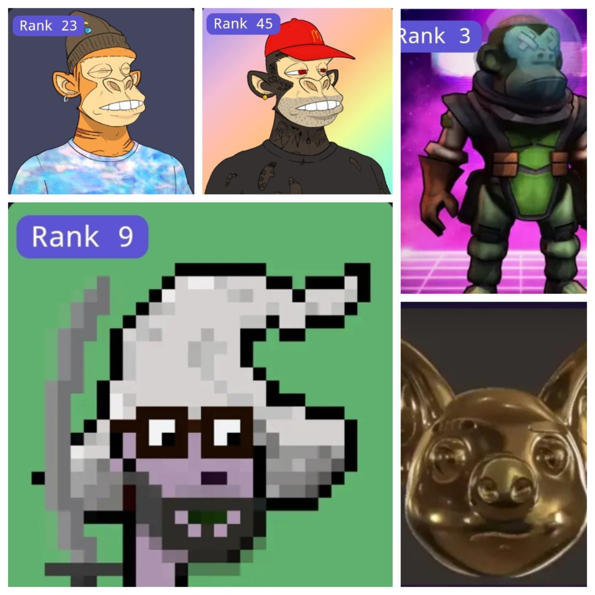 Aka90uk's tweet photo. I'm hoping that in the next few years these 5 nfts will allow me to retire 🤑🤑 why not dream big!
Big thanks again to @HiRezTheRapper for the @Maiarpunks rank 9! 

@SalvadorianApe @CantinaRoyale @ApesClubTribe @HogHomies https://t.co/Y0vICTSOBD