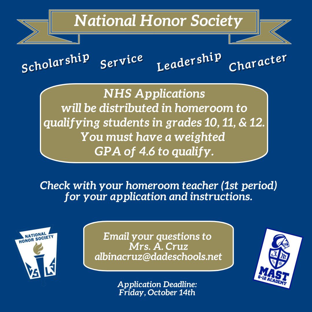 NHS Applications have been sent out to homeroom teachers! Check with your homeroom teacher for further details and instructions. Deadline to submit NHS applications is Friday, October 14th.