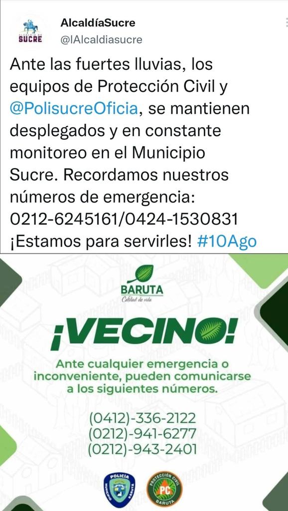 SegoviaBastidas's tweet photo. ⚠️ Debido a las intensas lluvias a esta hora en #Caracas, tenga a mano los números de emergencia de los 5 municipios del Área Metropolitana.

#Baruta: 0424-3362122
#Chacao: 0212-267 78 57
#Sucre: 0212-6245161
#ElHatillo: 0212-963 2211
#Libertador: 0212- 5751823 https://t.co/qSfU1crhLi