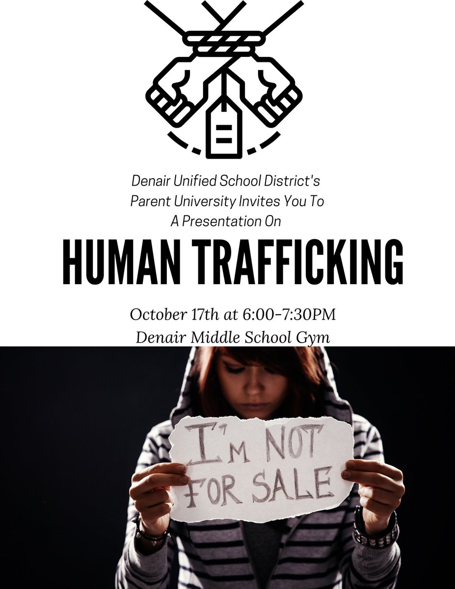 DenairUnified's tweet photo. Denair Unified School District's Parent University invites you to a no cost Presentation by Without Permission on Human Trafficking.
October 17th @ 6:00-7:30PM
Location: Denair Middle School Gym. https://t.co/k3xZ84tNCX