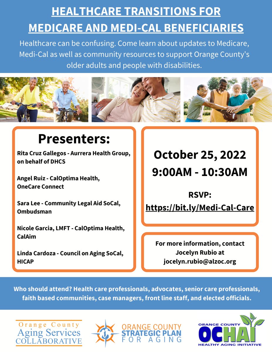 OCASC_OC's tweet photo. Healthcare can be confusing! Join us to learn about the updates to Medicare, Medi-Cal as well as community resources to support Orange County's older adults and people with disabilities. Click here to register: https://t.co/JnGndUQ9gI https://t.co/nfBb5S2fKb