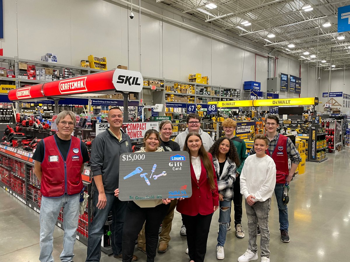 Greenfield_SD's tweet photo. GHS' Career & Tech Education wants to thank Lowe's for a $15,000 grant used to upgrade our programs w/ cordless tools, saws, toolboxes, tool belts, safety equipment, organizers & hand tools to learn techniques for success in skilled trades 1/2 #GreenfieldSD #G21SelfDirectLearning https://t.co/Exm9dWQDaR